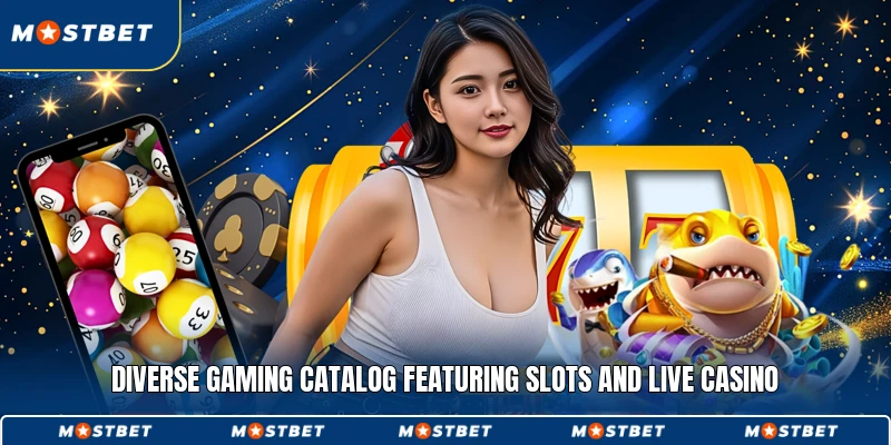 Diverse gaming catalog featuring slots and live casino